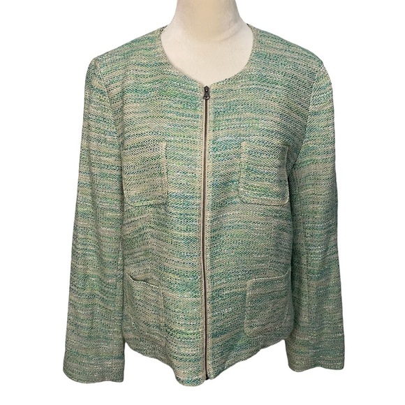 J. Jill Green Tweed Long Sleeve Stretch Linen Blend Zip Up Blazer Jacket Size L - Picture 1 of 10